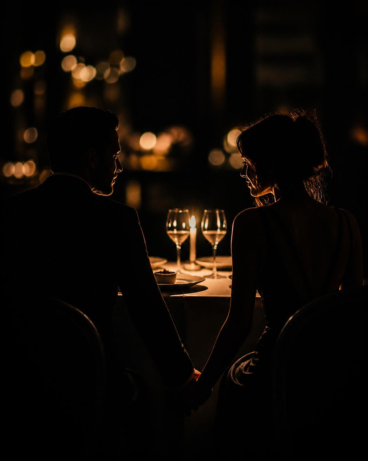 Couple silhouetted in candlelight at a private dinner