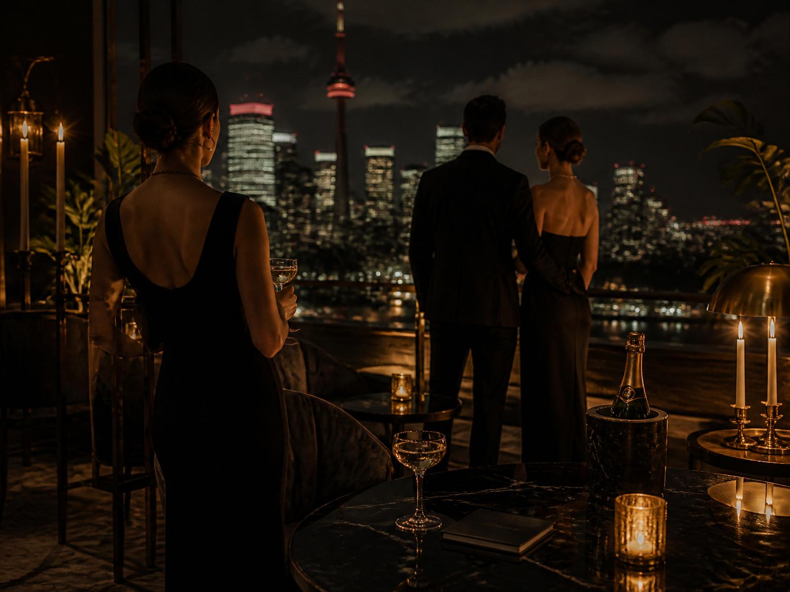 An elegant woman and a couple at a private lounge overlooking Toronto at night