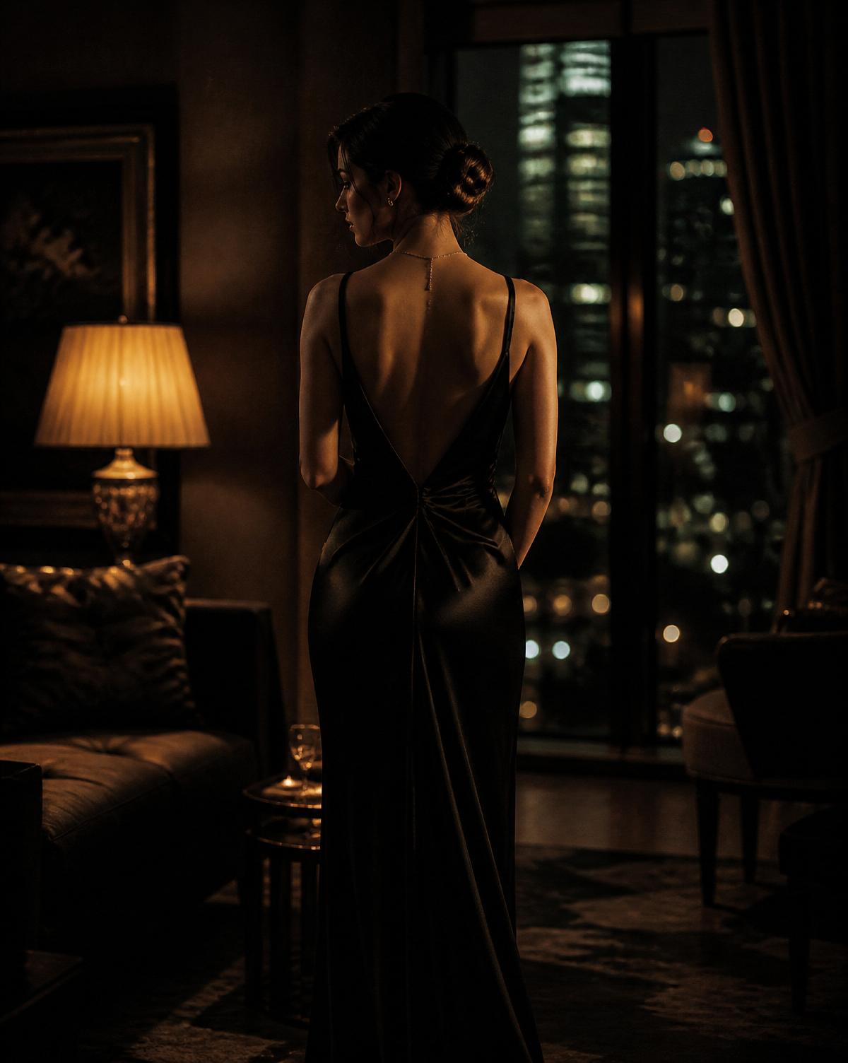 Woman in an evening gown at a private hotel lounge, city lights beyond